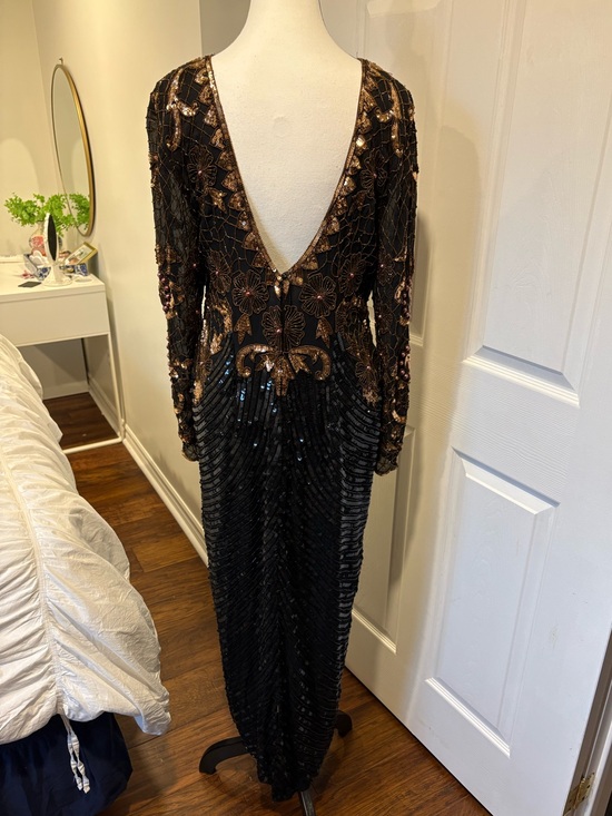 Dresses & Skirts - Vintage 100% Silk Hand Beaded Sequin Maxi Dress Black Gold M